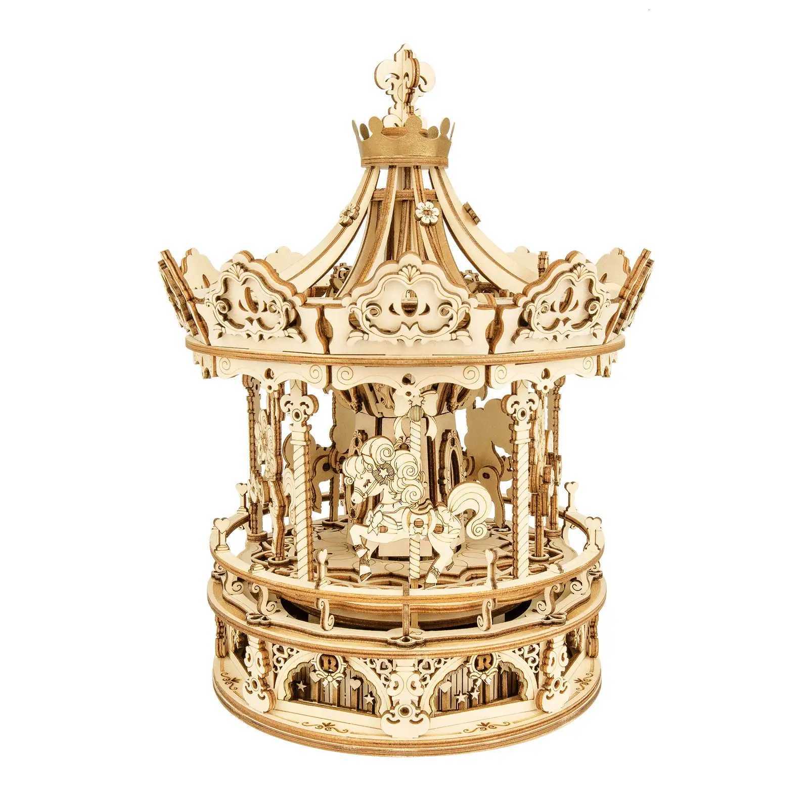 Robotime 3D Wooden Puzzle 336pcs Rotatable DIY Romantic Carousel Game Gift for Children Kids Adult AMK62 Assembly Music Box Toy Y260319