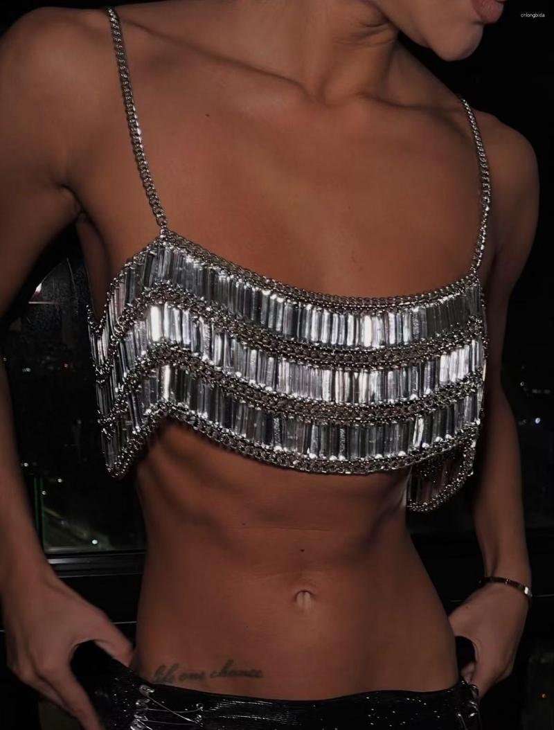 Women's Tanks European And American Cross-Border Vest Acrylic Sequin Multi-Layer Handmade Luxury Top Sexy Bra Chest Chain