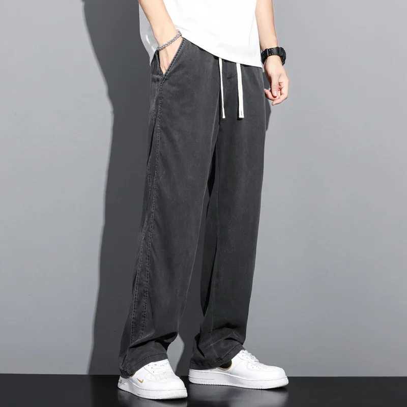 High Quality Summer Lyocell Fabric Mens Jeans Thin Straight Pants Drawstring Elastic Waist Korea Casual Trousers Plus Size D260320