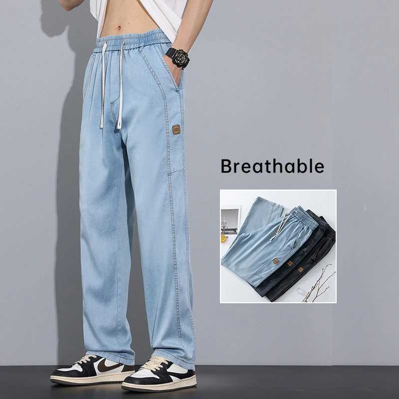 Spring Summer Thin Mens Jeans Fashionable Drawstring Straight Loose Trousers Comfortable Soft Male Simple Denim Pants D260320