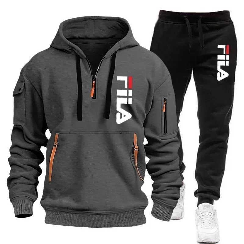 Autumn and winter street new mens zipper hoodie pants two-piece set outdoor multi-pocket mens casual pullover sports suit M260320