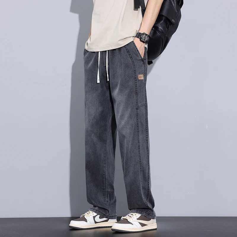 Spring Summer Thin Mens Jeans Fashionable Drawstring Straight Loose Trousers Comfortable Soft Male Simple Denim Pants D260320
