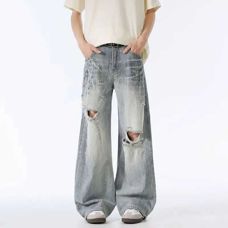 Male Ripped Pants Stretch Solid Blue Casual Mens Wide Leg Trousers Office Work Denim Pants Autumn Korean Vintage Straight Pants D260320