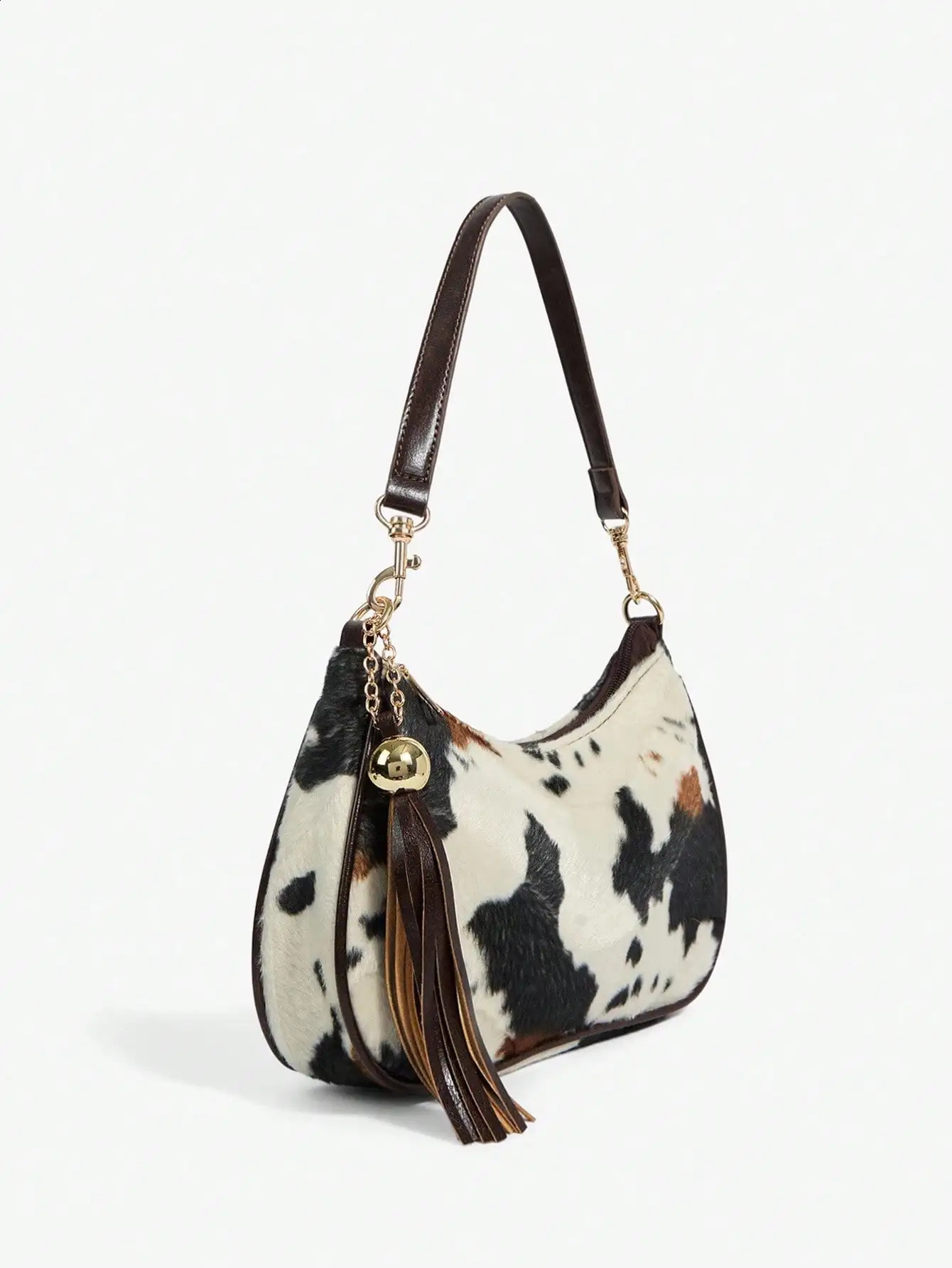 Womens Cow Print Hobo Shoulder Bag with Tassel Pendant Retro Style 260316