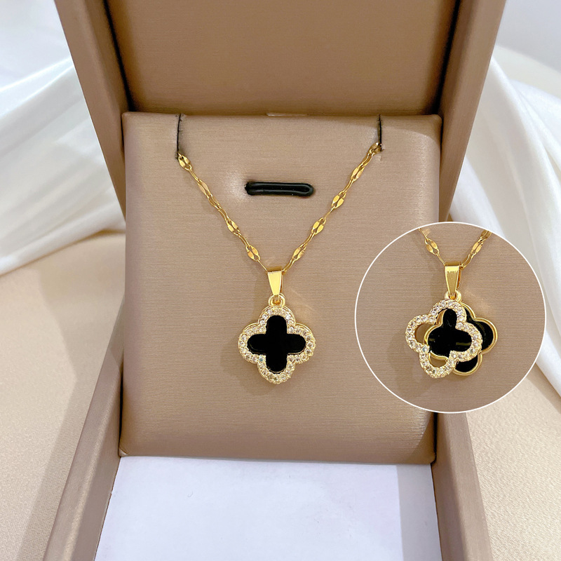 Designer Double-sided Four-leaf Clover Titanium Necklace, Elegant High-end Diamond-set Collar Necklace