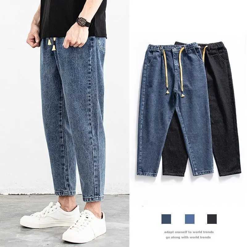 Drawstring Trendy Brand Light-color Elastic Waist Jeans Mens Autumn Loose and Fashion Versatile Tapered Small Feet Harlan Pants D260320