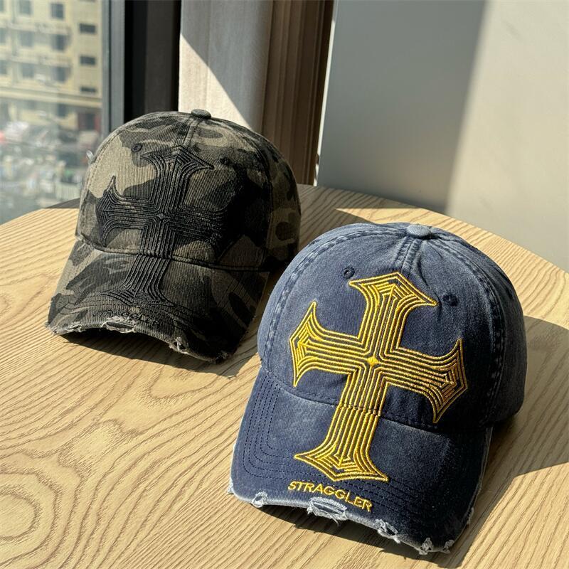 Vintage casquette luxe Distressed Cross Baseball Cap American-Style Soft-Top for Men Women Duckbill Cap Free Shipping - view 3