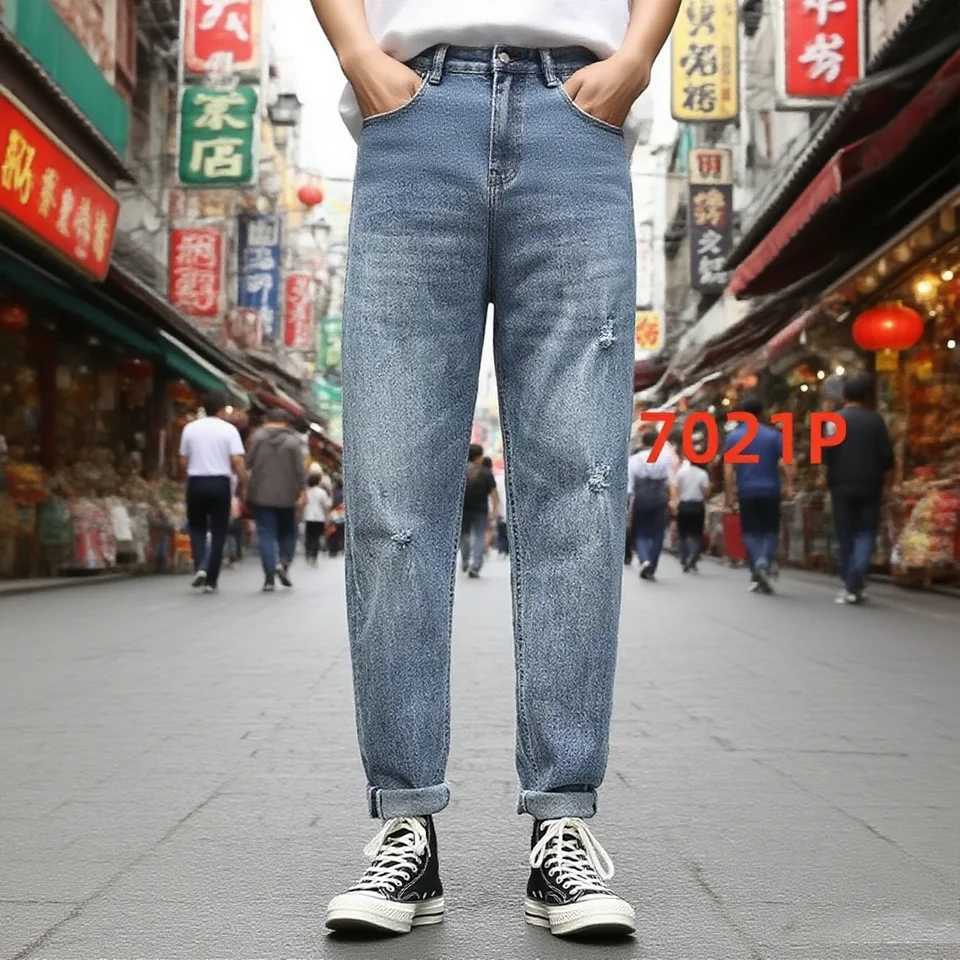 New mens light blue washed denim jeans are casual loose and personalized worn denim pants are easy to match for daily use D260320