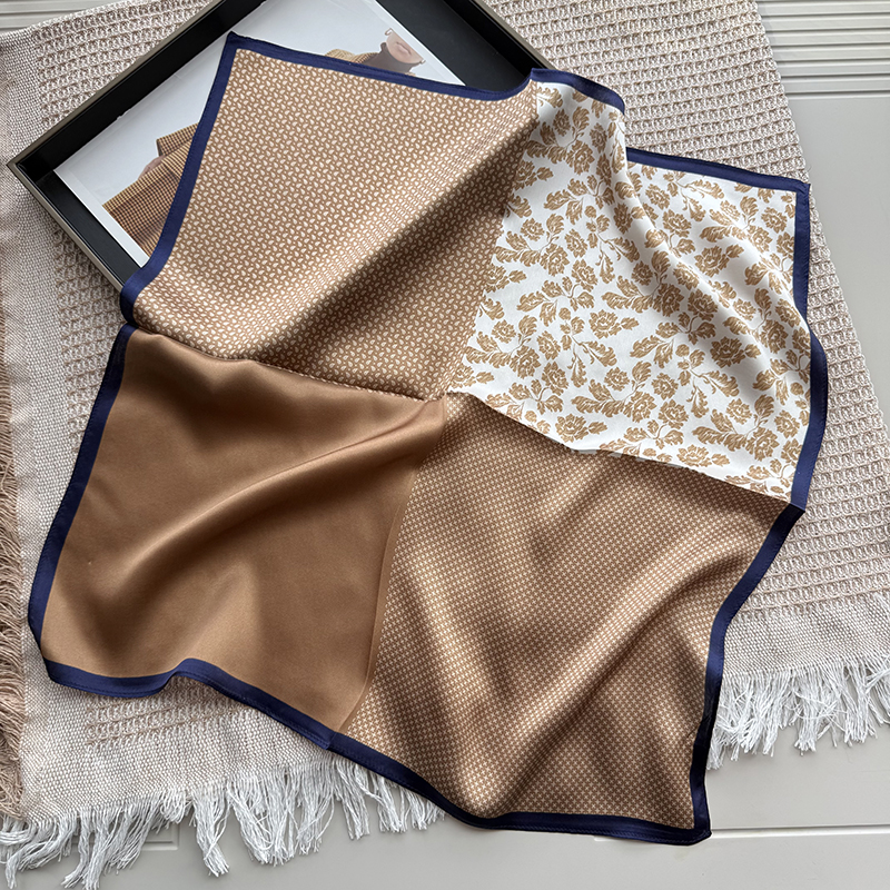 Brown Cashew Flower Silk Scarf for Women, Lightweight 100% Mulberry Silk, 53Cm Small Square Neck Scarf for Summer