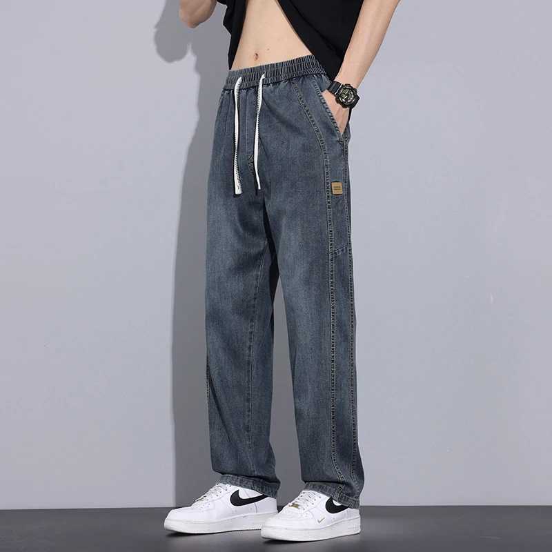 Spring Summer Thin Mens Jeans Fashionable Drawstring Straight Loose Trousers Comfortable Soft Male Simple Denim Pants D260320