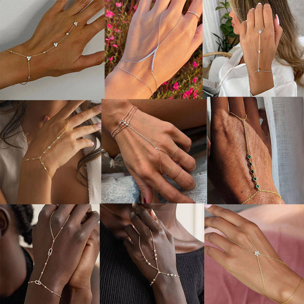 Geometric border tear drop cubic zirconia CZ station chain fashion elegant womens finger bracelet 250407