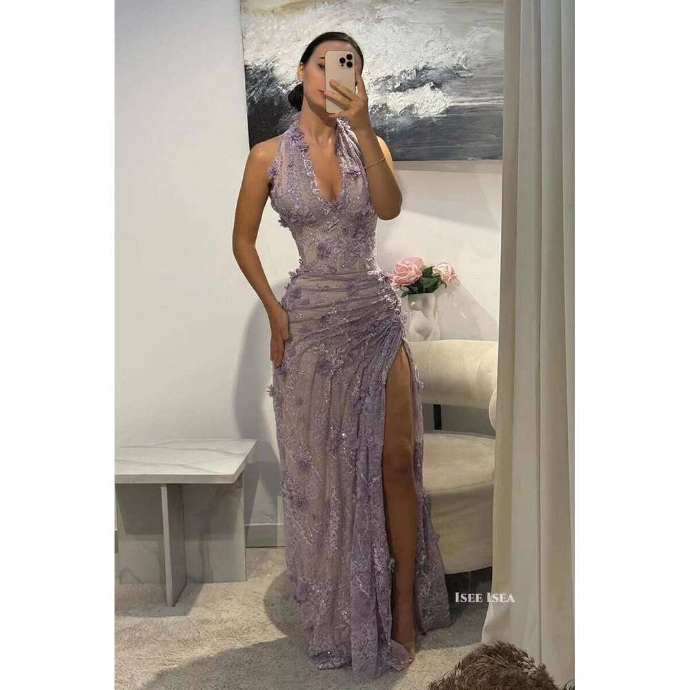 Green Evening Halter Neck Appliques 3D Flower Pleat Beading Prom Gown Split Mermaid Birthday Dresses 2026 Customized