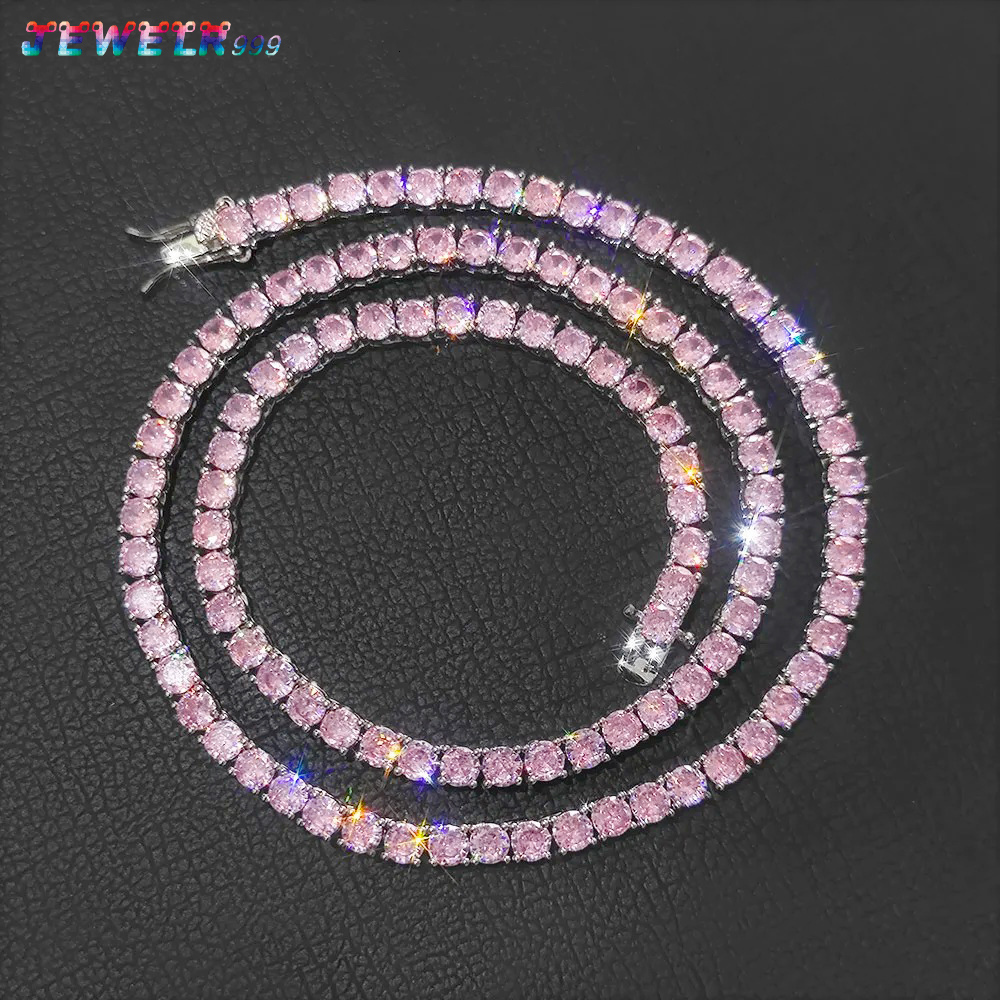 NUOYA Fine Jewelry 4mm Bling Diamond Tennis Chain Single Row Pink Green Moissanite VVS Silver Plated Tennis Chain Necklace for Women