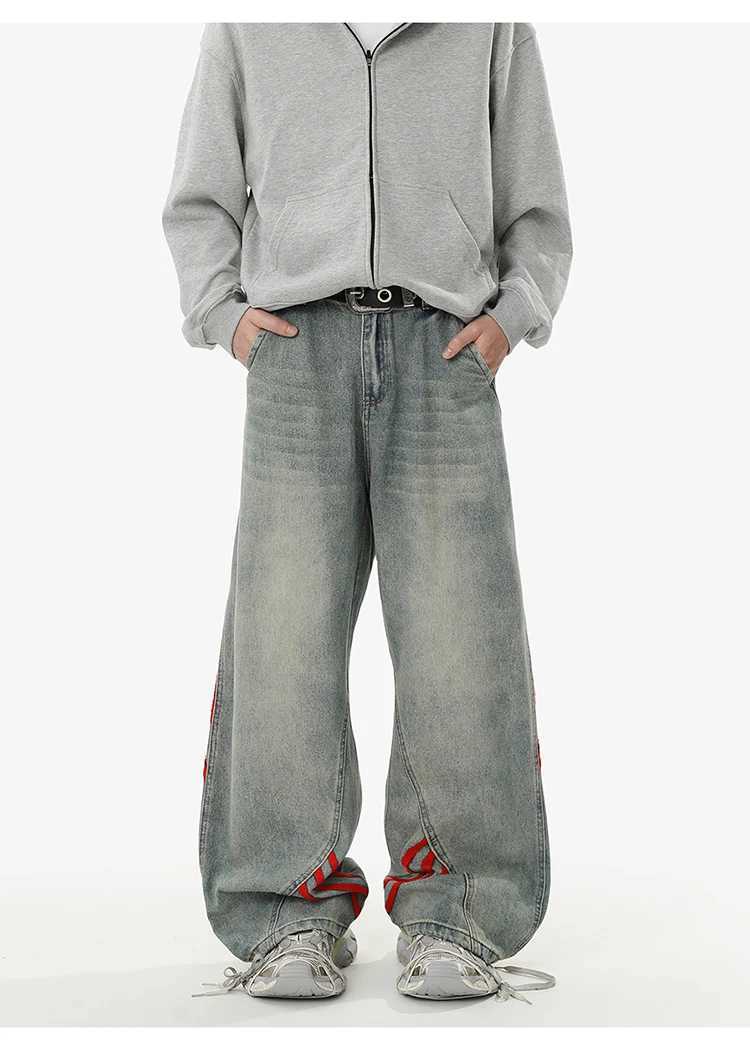 REBELOASIS American retro baggy wide leg jeans for men and women loose casual striped washed long pants D260320