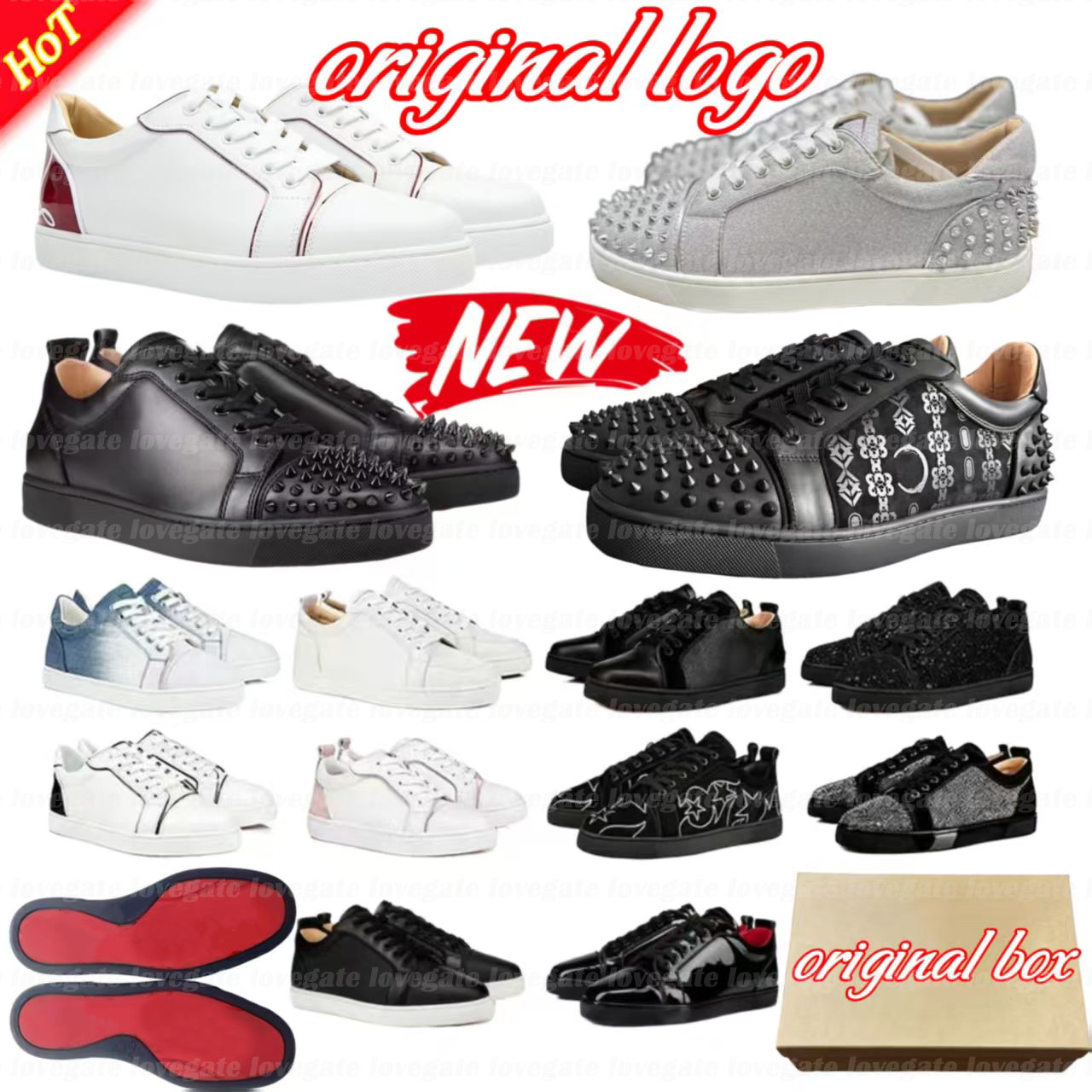 With Box Red bottom shoes Dress Shoes Casual Shoes Glitter Grey Rivets Leather Suede Men Women Fashion Spikes classic Office Career Wedding Trainers size 36-46 AAA+