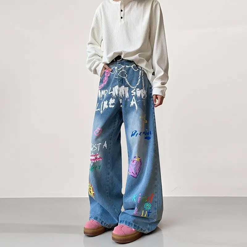 American Retro Graffiti Print Loose High Waist Mens Jeans Autumn Winter Korean Style Floor-Length Causal Trousers Wide Leg Pant D260320