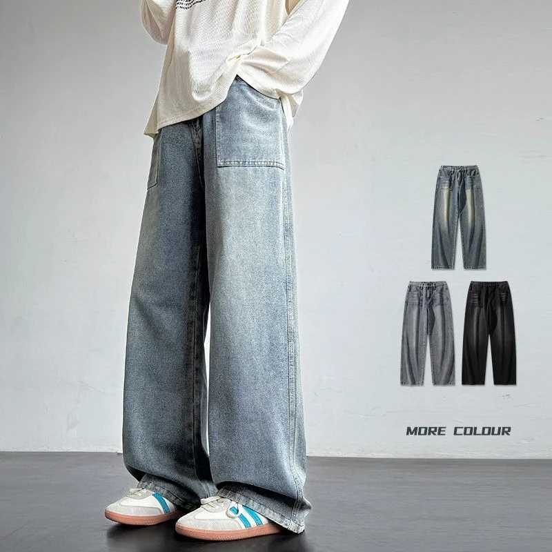 Autumn Mens Jeans Loose Straight Vintage Korean Fashion Wide-leg Casual Trousers Streetwear Male Denim Pants Fleece Plush D260320