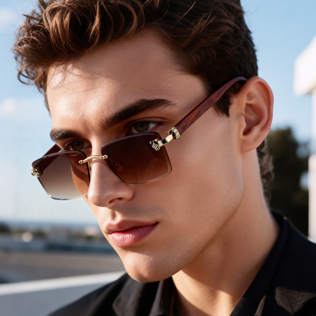 Luxury Brand Designer Jewelry 2026 New European And American Fashion Frameless Sunglasses For Men, Retro Wood Grain Temples, Leopard Head Design, Sun 