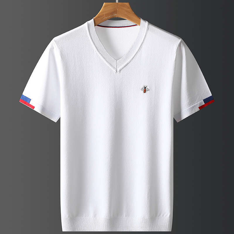 FeiFan Uniform Summer short-sleeve men's knitted shirt, casual cool V-neck embroidered loose thin ice silk half-sleeve trendy fashion sweater T-s