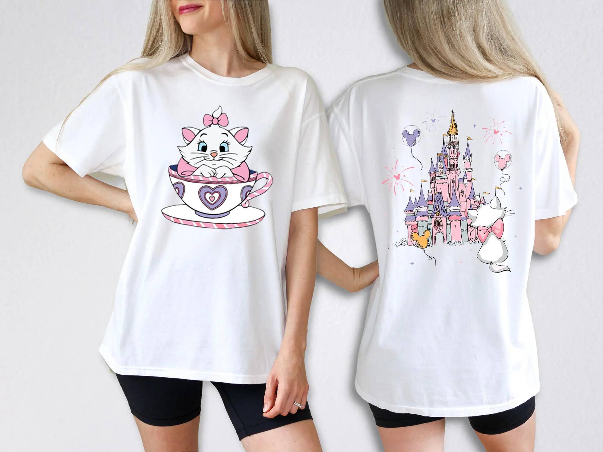2025 Disney The Aristocats Mary Cat Crazy Teacup Party Shirt Magic Kingdom Family Sports Short Sleeve Women's Casual Fashion Top