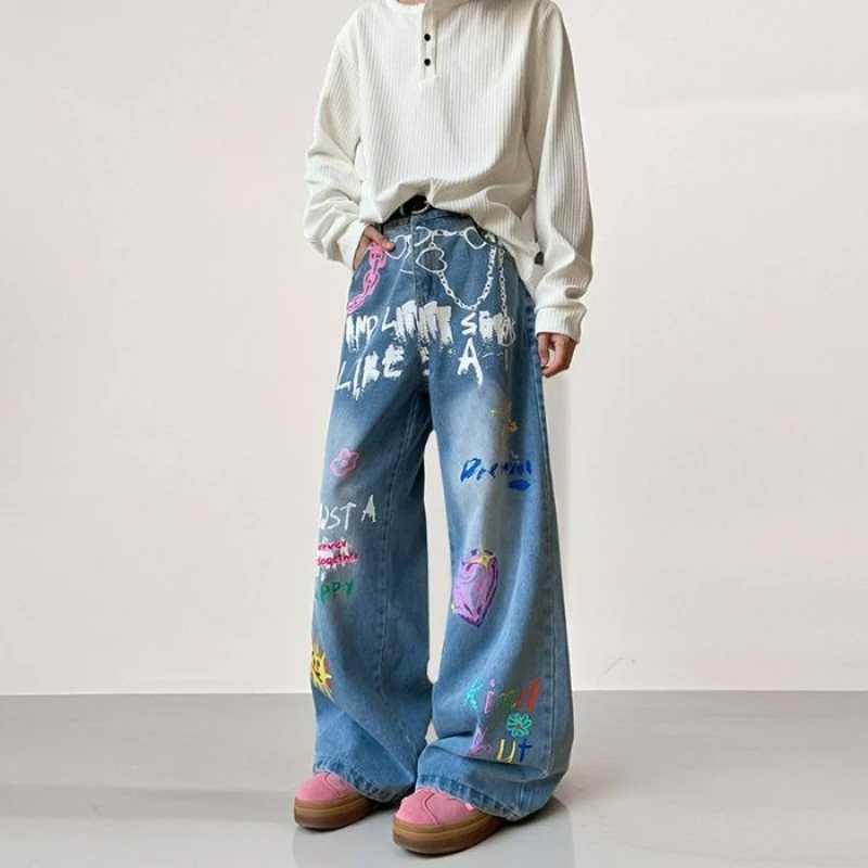 American Retro Graffiti Print Loose High Waist Mens Jeans Autumn Winter Korean Style Floor-Length Causal Trousers Wide Leg Pant D260320