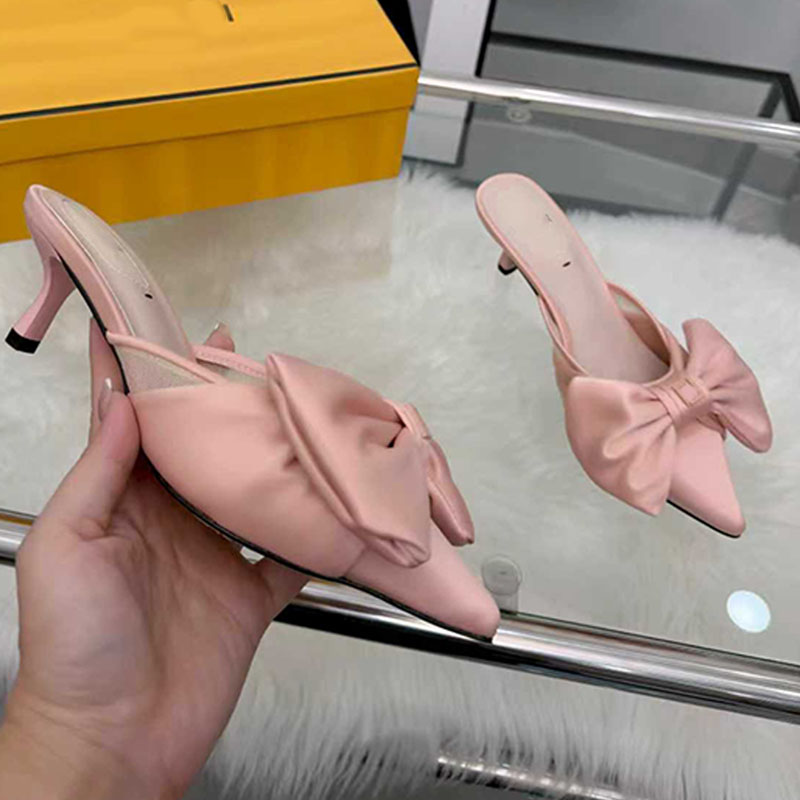 sexy lady satin kitten heel sabots Luxury Trend Leather sole satin medium sandals mules chic style mesh bow sandals mules size 35 42