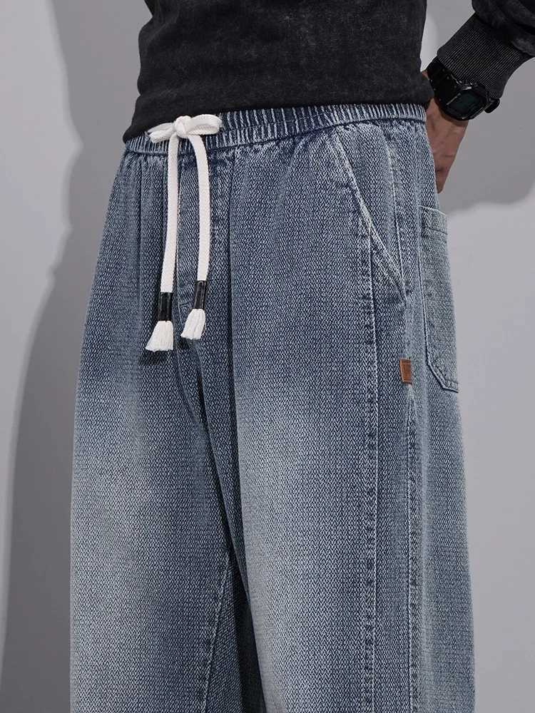 Spring Baggy Wide Leg Jeans Mens Elastic Waist Textured Fabric Jogging Pants Fashion Korean Streetwear Casual Loose Trousers D260320