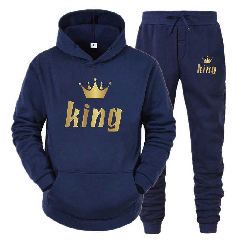 Fashion Long Sleeves KING And QUEEN Printed Hooded Suits Autumn Winter Couple Hoodie Pants 2-Piece Suit M260320