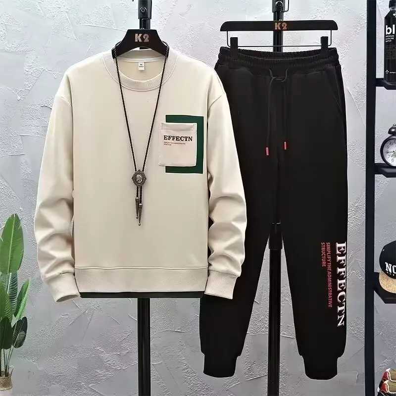 Minimalist Harajuku Trendy Mens Round Neck Printed Sweatshirt 2025 Autumn Long Sleeve Sweatshirt Loose Casual Set M260320