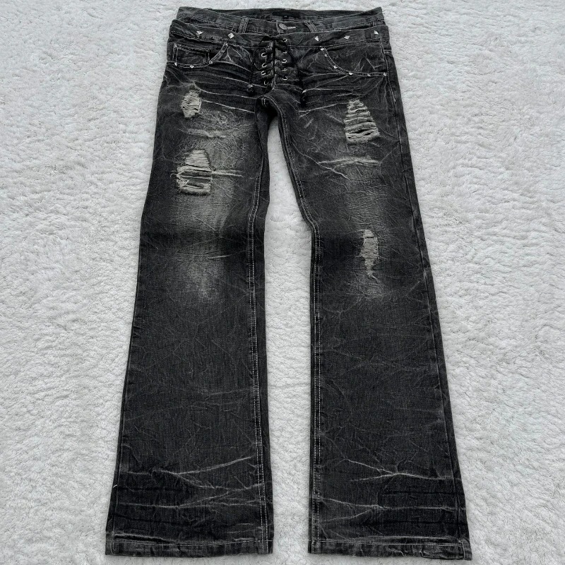 Men's Y2K Gothic Retro Double Waisted Flared Jeans Washed Black Distressed Denim Pants Unisex Streetwear High Waist Micro Flare Vintage Punk Hip 