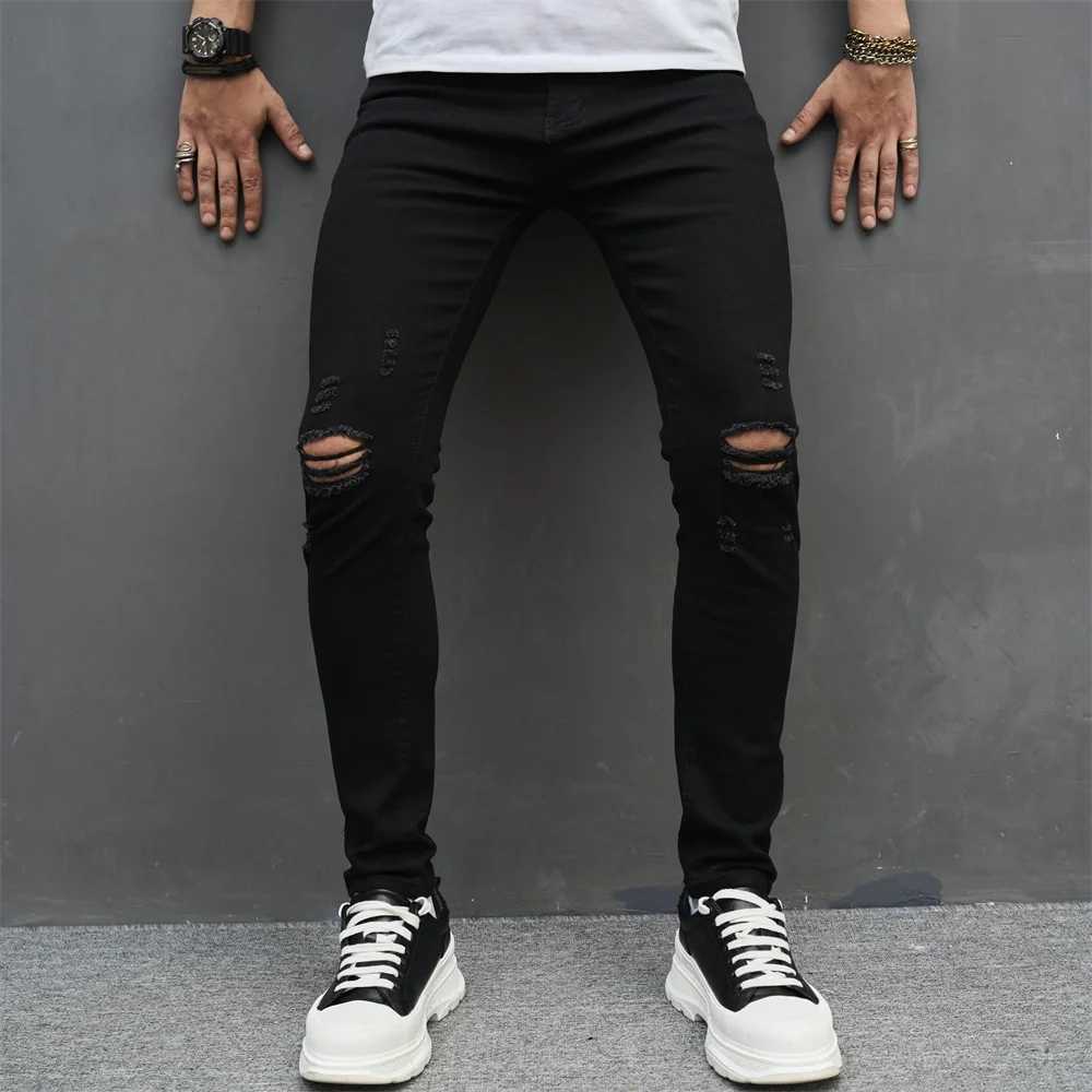 Men Simple Solid Holes High Street Stretch Skinny Jeans Pants Male Distressed Slim Pencil Jogging Denim Trousers D260320