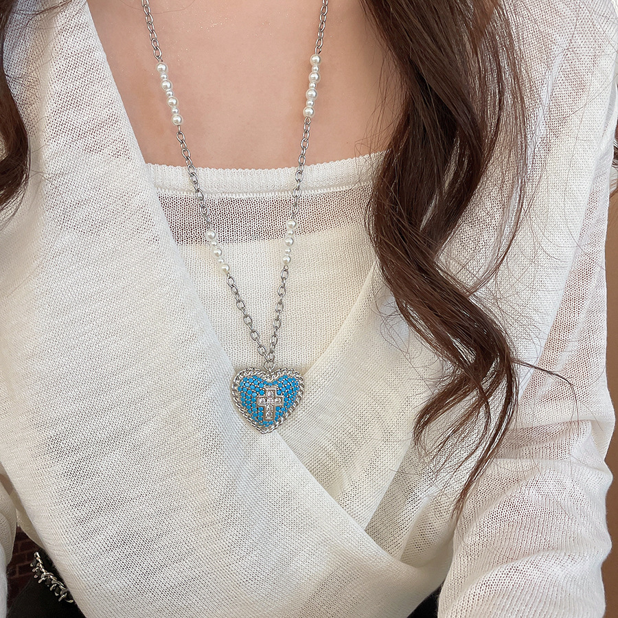 Sweet cool style zircon heart pearl earrings and necklace, personalized trendy jewelry set with a unique design, niche accessories - view 4