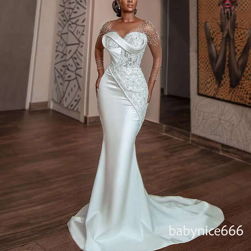 Satin Mermaid African Wedding Dresses For Bride Sheer Neck Long Sleeve Appliques Beading Garden Country Women Civil Bridal Gowns