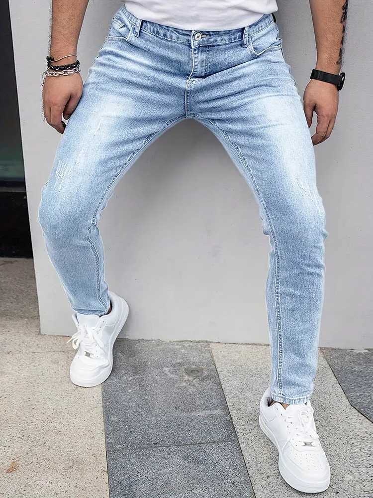 2025 Mens Slim Four-Season Washed Fashion Jeans Stretch Slim Fit Light Blue Gray Black Casual Denim Pants D260320