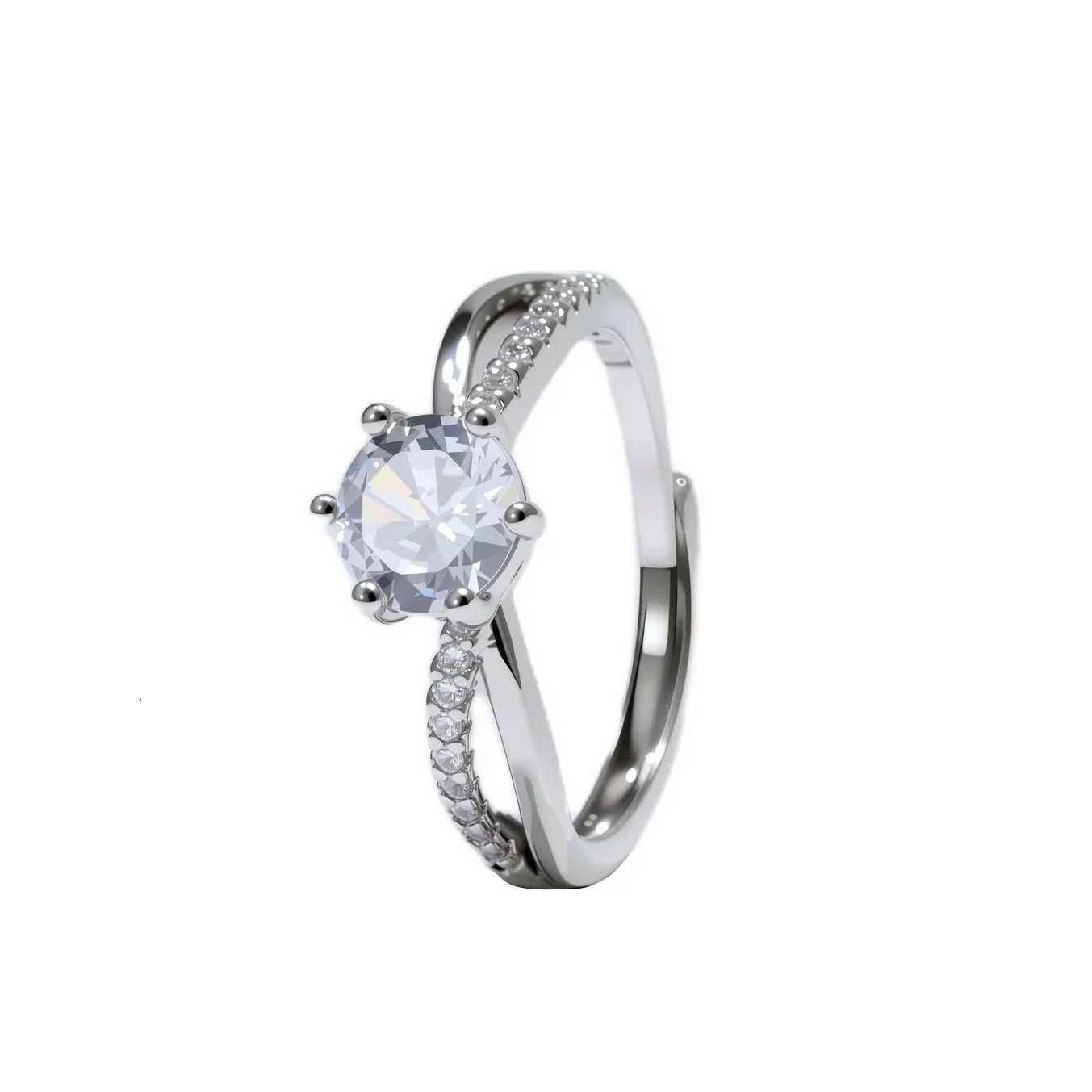 Classic 4-Prong Solitaire Ring with Micro-Pav Accent Stones Crisscross Band - 925 Silver Plated White Gold Engagement Promise H260320 - view 6