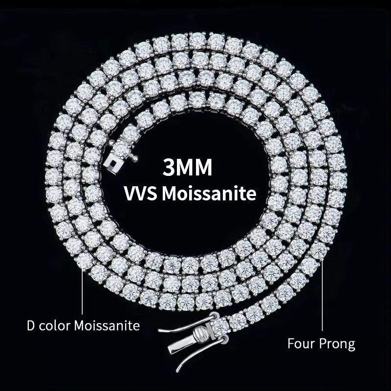 RTS 2 mm to 5 mm VVS Moissanite Tennis Chains Bracelet Fine Jewelry Necklace Silver Moissanite Chains for Men Women