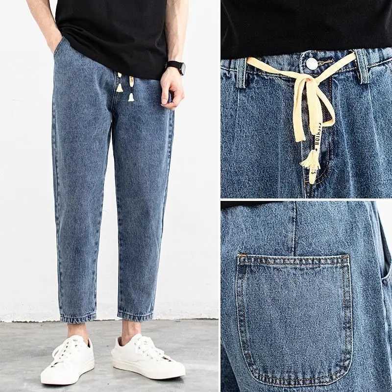 Drawstring Trendy Brand Light-color Elastic Waist Jeans Mens Autumn Loose and Fashion Versatile Tapered Small Feet Harlan Pants D260320