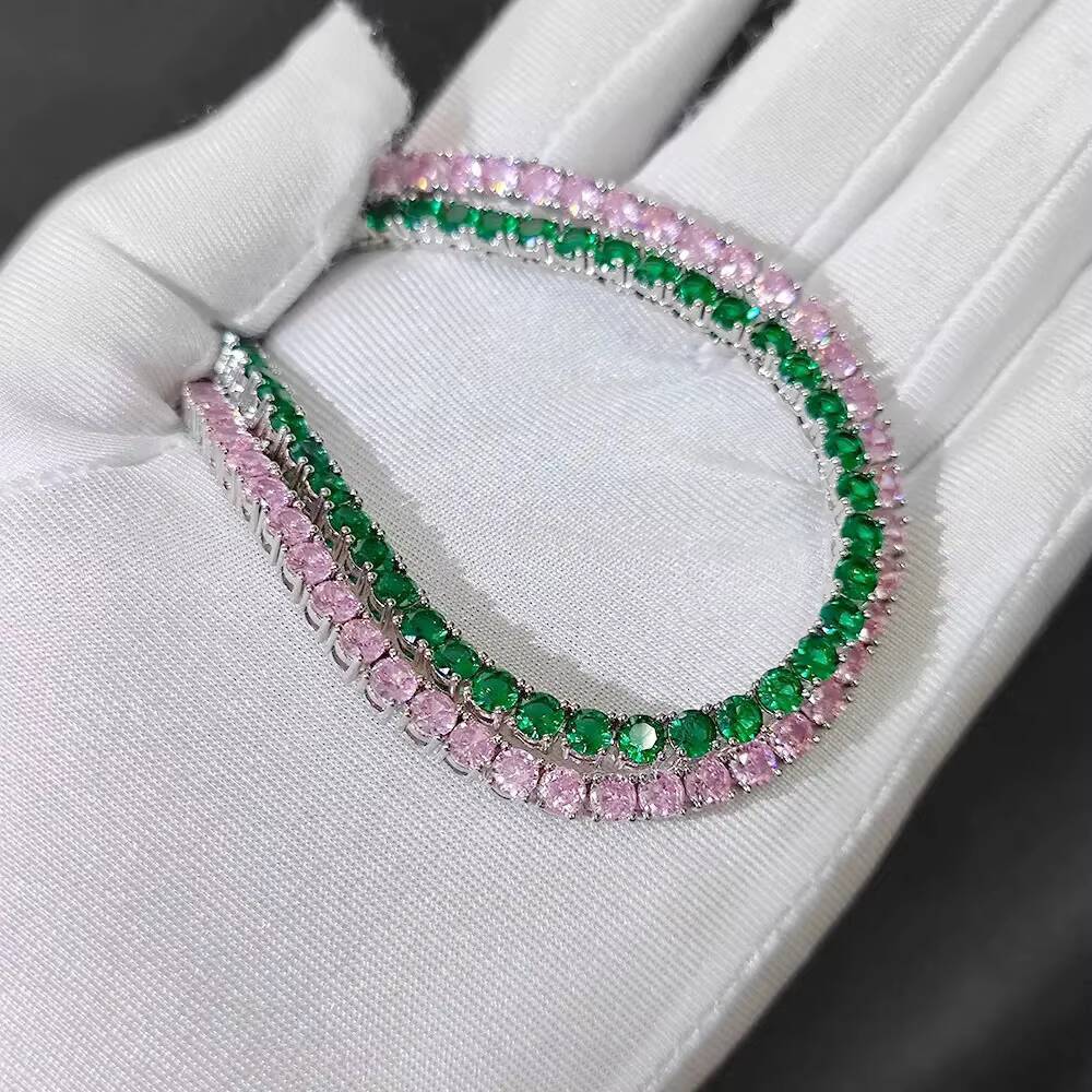 NUOYA Fine Jewelry 4mm Bling Diamond Tennis Chain Single Row Pink Green Moissanite VVS Silver Plated Tennis Chain Necklace for Women