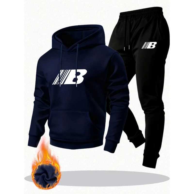 MenS Warm Two-Piece Set - Cozy Hoodie Joggers with Print Casual Long Pants Perfect for Fall/Winter M260320