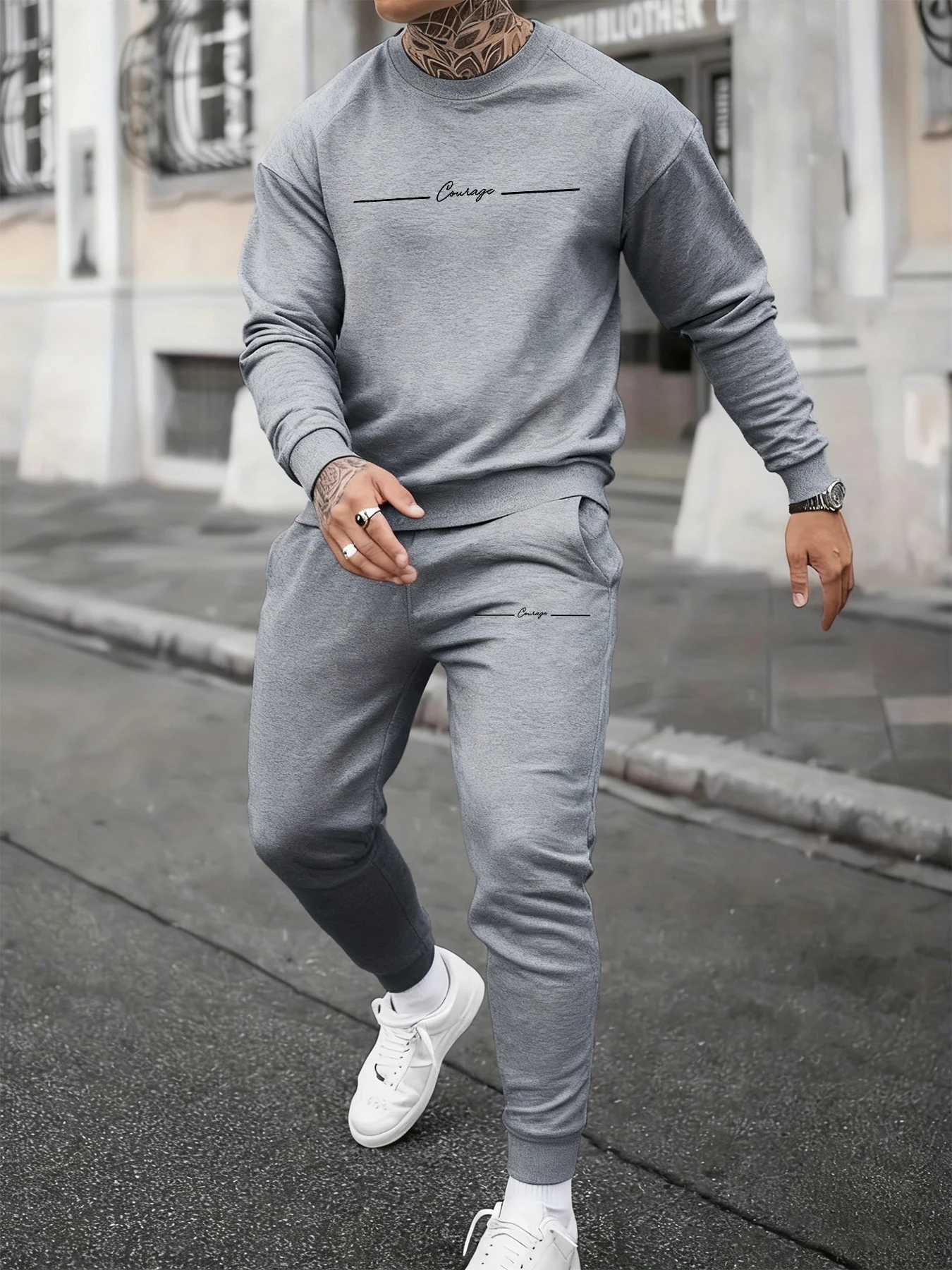 Courage Simple Line Printed Men Autumn Sweatshirt Set O-Neck Long-Length Two Pieces Sets Street CoupleS Sweatpants Clothing M260320