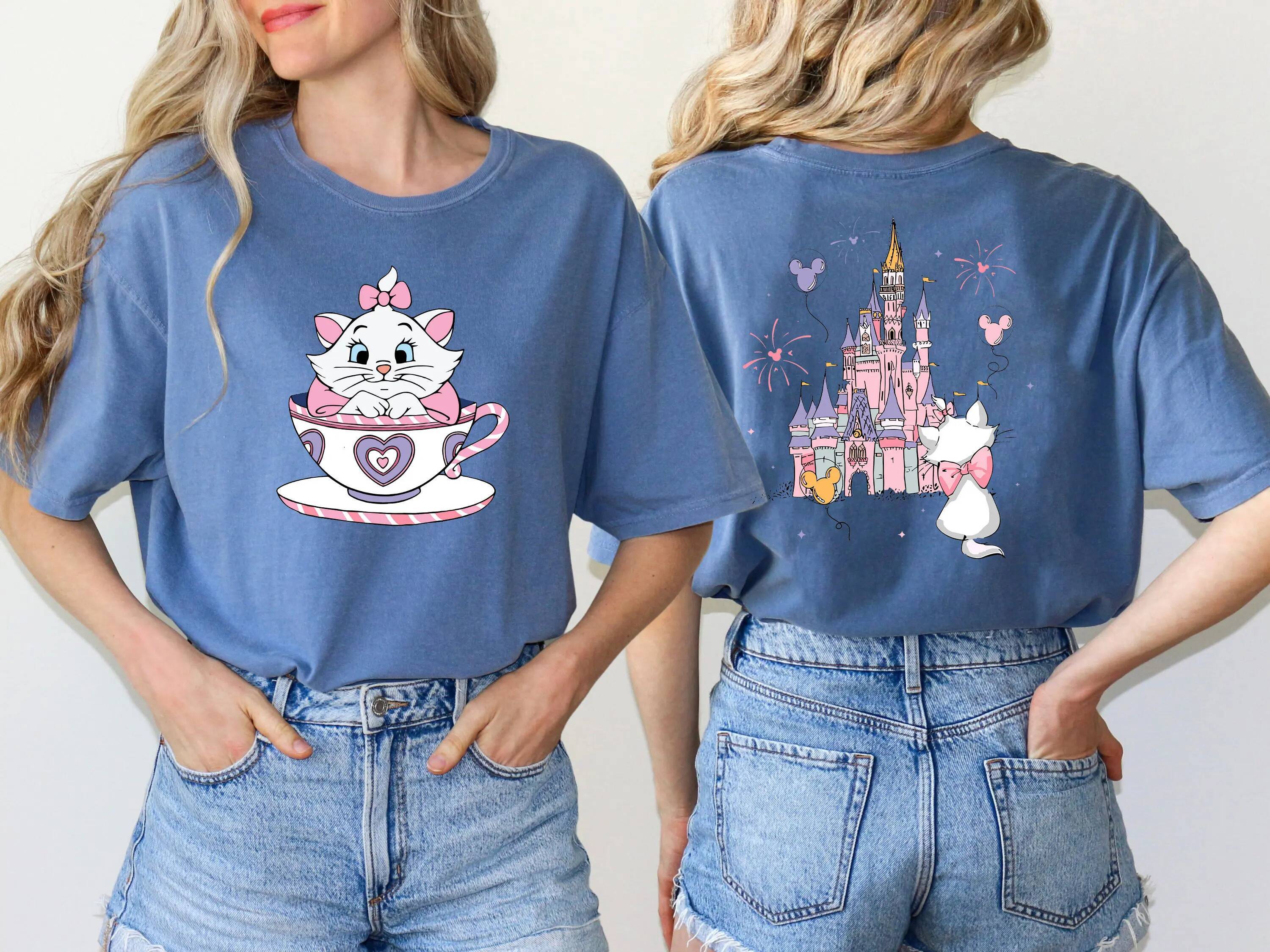 2025 Disney The Aristocats Mary Cat Crazy Teacup Party Shirt Magic Kingdom Family Sports Short Sleeve Women's Casual Fashion Top
