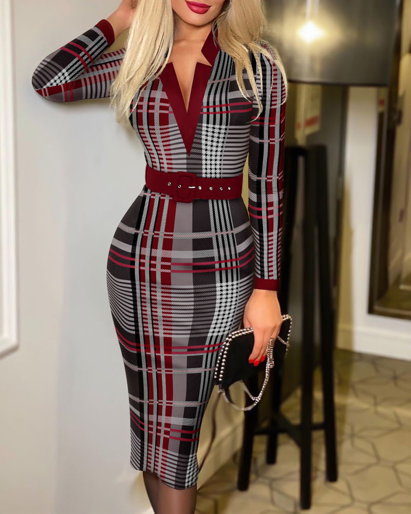 Luxury Brand Designer Clothes 2024 European And American New Fashion Plaid V-Neck Bodycon Long Sleeve Sexy Dress For Women