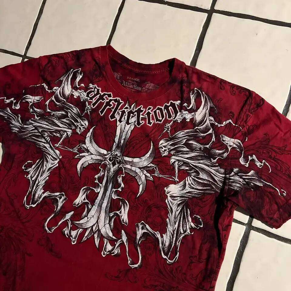 2000S Affliction Retro Shirt Women Red Cotton Round Neck Washed Shirt Hip Hop Couple American Wear Goth T Shirts