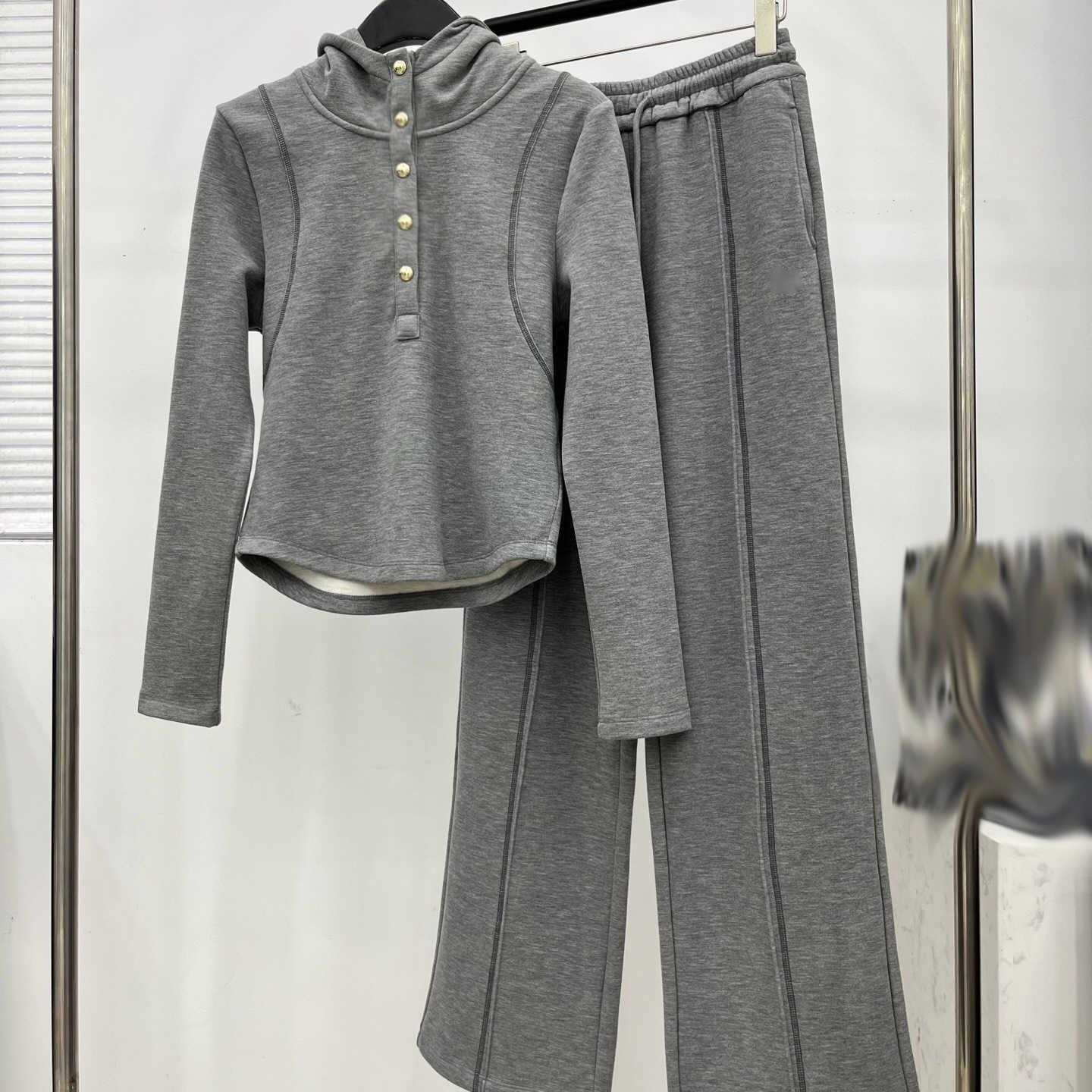 Women Double-sided Fleece Thickened Button Placket Hooded Base Shirt Loose Fit Autumn Winter Inner Wear Sweatshirt Style Top Two Piece Pants Sets 251110