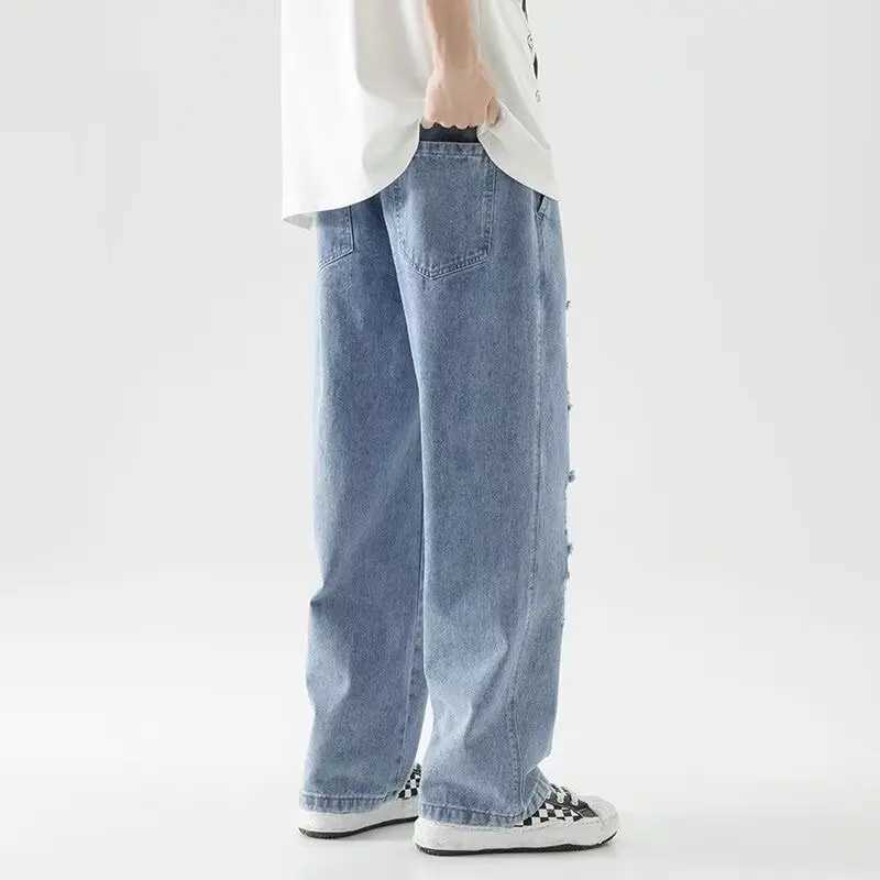 Men Summer Trend Ripped Wide Leg Loose Straight Jeans American Style High Street Male Casual Elastic Waist Ankle Length Pants D260320