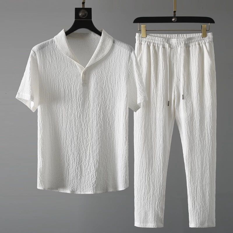 Pleated Casual Sports Suit For Men Lightweight Breathable Stylish With Designer Hoodie A Turn-down Collar Designer T-shirt Polo Short Sleeves Long Pants Two-piece