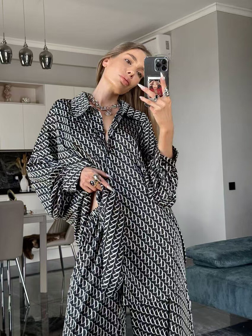 Luxury Brand Designer Clothes Fashion Printed Loose Comfortable European And American Long Sleeve Long Pants Summer Thin Women's Set - view 8