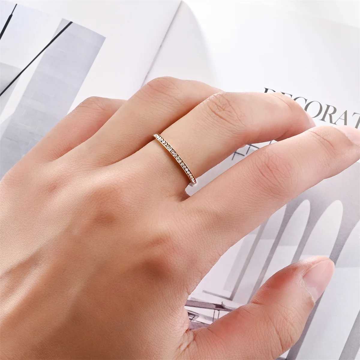 Unisex Luxury 2mm Stainless Steel Cubic Zircon Ring Gold Silver Color Adjustable Statement Band for Men And Women US Size 5-11 H260320 - view 5