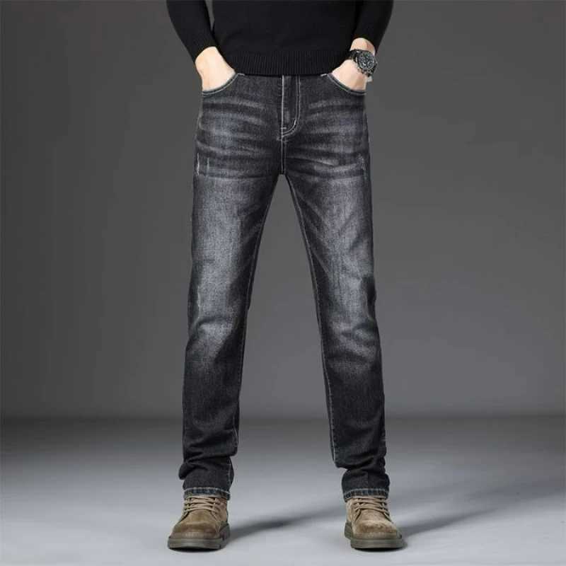 Male Smart Casual Jeans Stretchy Sports Mens Korean Solid Trousers Autumn Winter Full Length Straight Office Work Denim Pants D260320