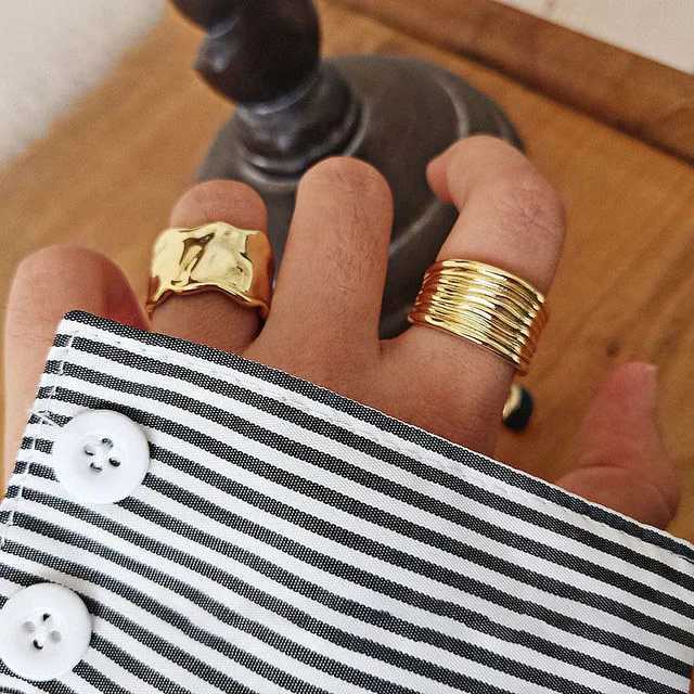 925 Sterling Silver Open Ring for Women INS Minimalist Irregular Wave Pattern Gold Color Jewelry Bijoux BirtHDay H260320 - view 5